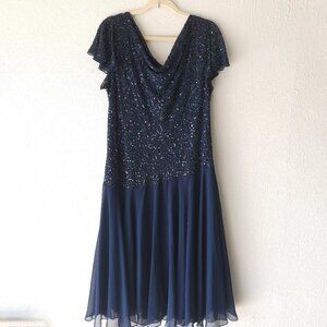 JKARA Chiffon Evening Dress Plus Size 18W Navy Blue, Sequin Bodice